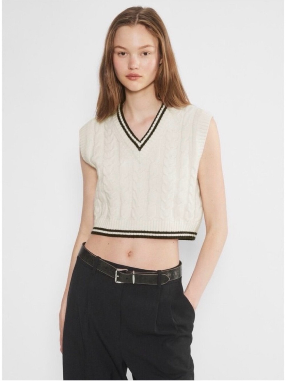 Sunday Best Winston Cable Knit Cropped Sweater Vest White Size 2XS Merino Wool